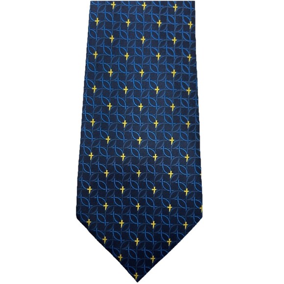 Eagle Neckwear Tie Blue Fish Gold Cross Pattern 100% Polyester‎  55.5"x 3.75" - Picture 3 of 5